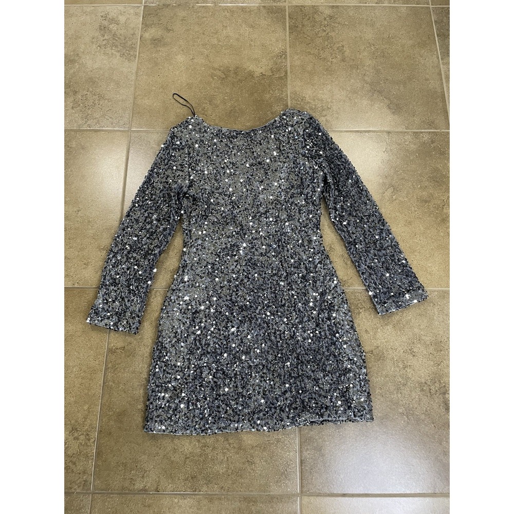 H&M Sequin Dress Womens Sz S Silver Scoop Back Long Sleeve Party Cocktail Lined